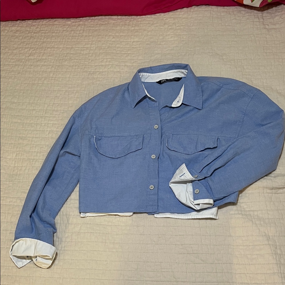 Zara Light Blue Cropped Long Sleeve Shirt
